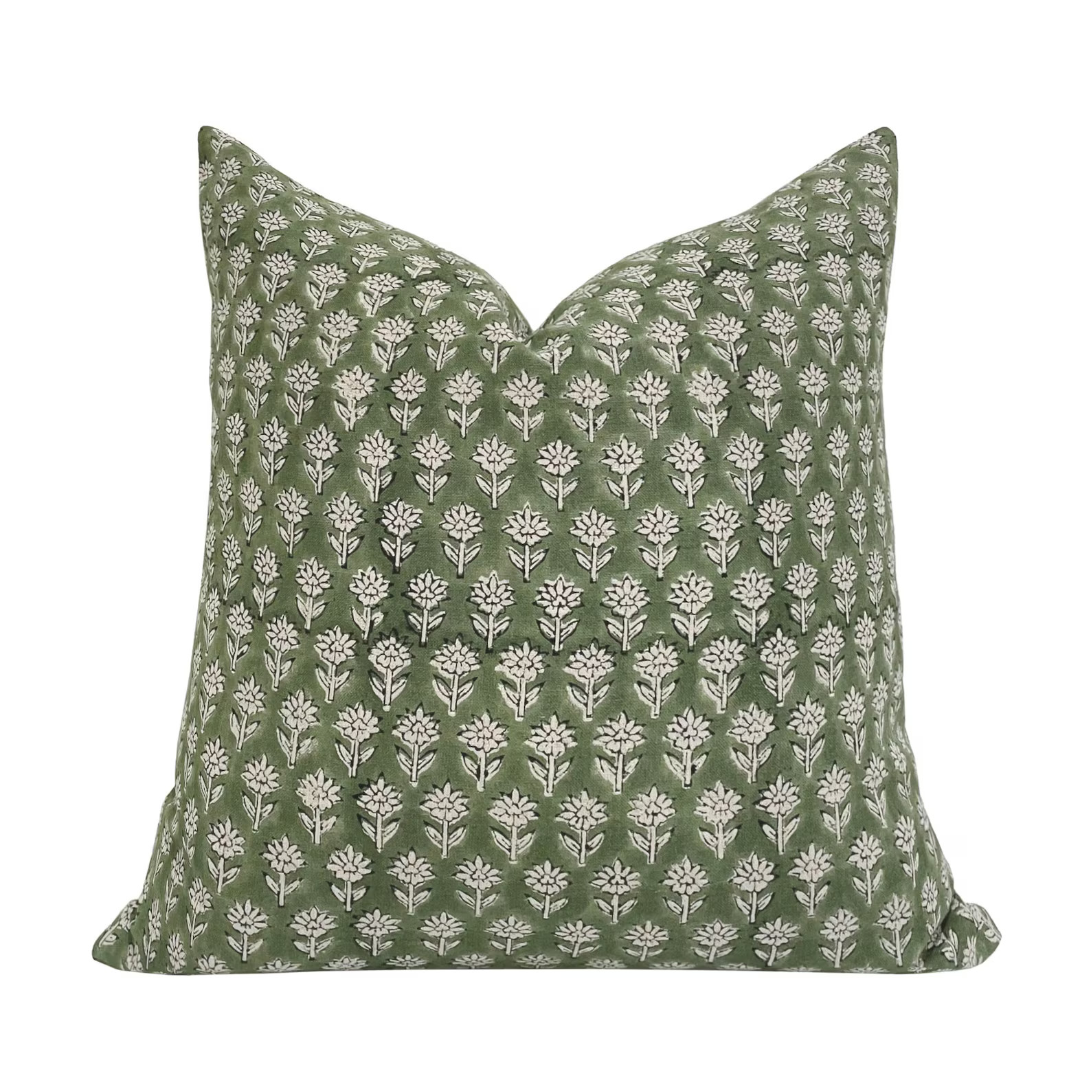 FINN Green Floral Linen Pillow Cover, Hand Block Pillow Cover, Green Pillow, Floral Pillow - Etsy | Etsy (US)