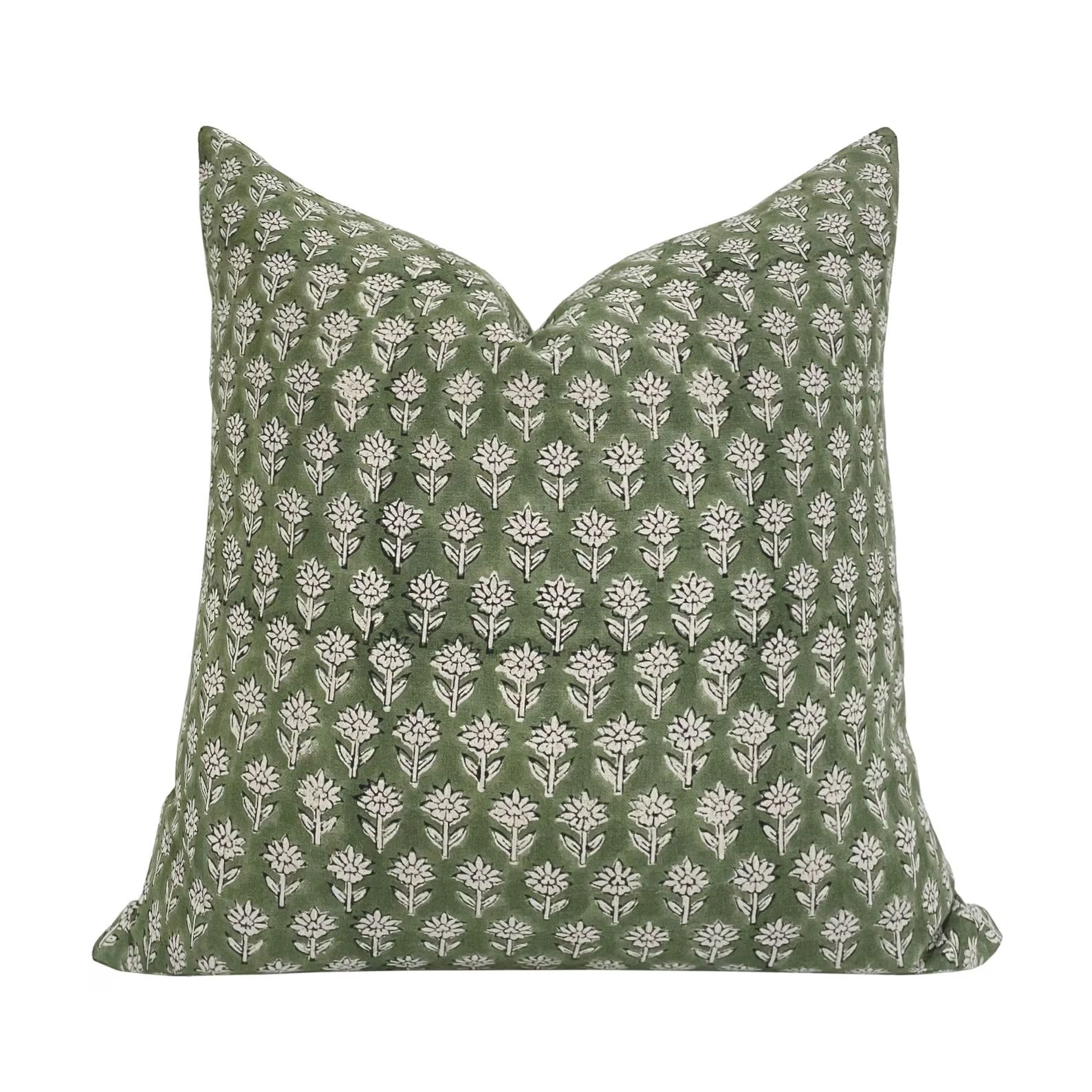 FINN Green Floral Linen Pillow Cover, Hand Block Pillow Cover, Green Pillow, Floral Pillow - Etsy | Etsy (US)