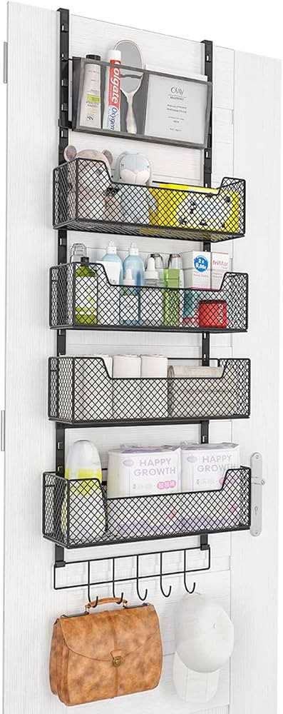 Adjustable Over The Door Organizer, Hanging Door Storage with 4 Metal Baskets and PVC Pocket Wall Mo | Amazon (US)
