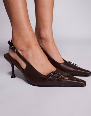 Public Desire Devoted slingback heeled shoes with buckle detail in brown | ASOS (Global)