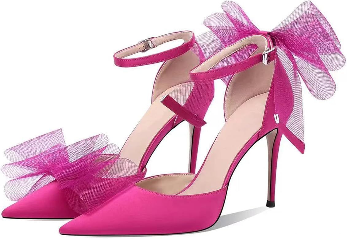 Satin Closed Toe Heels for Women Satin Pumps with Bow Pointed Toe Ankle Strap Dress Wedding Satin He | Amazon (US)