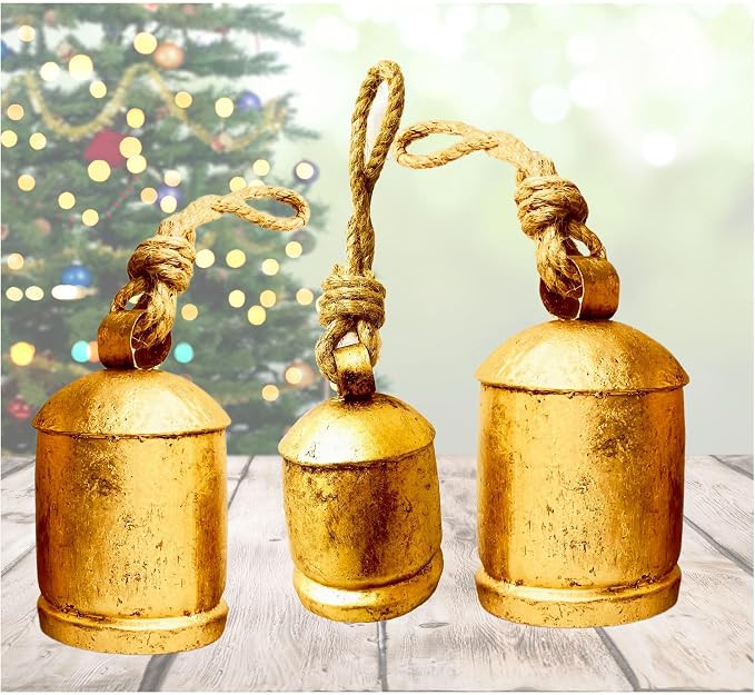 Rustic Harmony Cow Bells Decorative Set of 3 Christmas Bell Large Vintage Golden Cow Bell Brass C... | Amazon (US)
