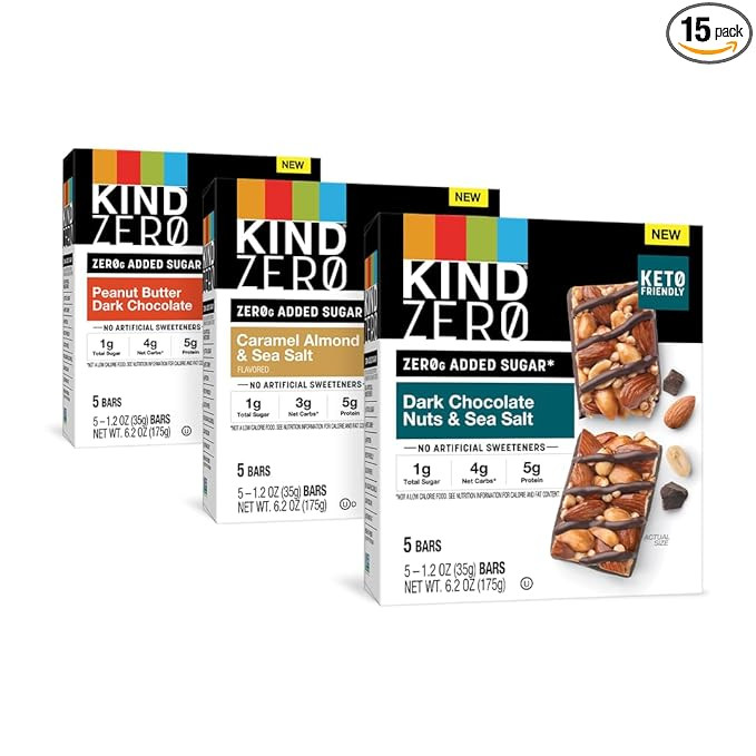 KIND ZERO Added Sugar Bars, Variety Pack, Dark Chocolate Nuts and Sea Salt, Peanut Butter, Carame... | Amazon (US)