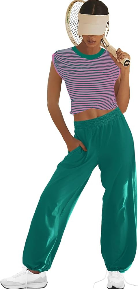 LAMISSCHE Womens Loungewear Set 2 Piece Outfits Sets Cropped Tops and Wide Leg Pants with Pockets... | Amazon (US)