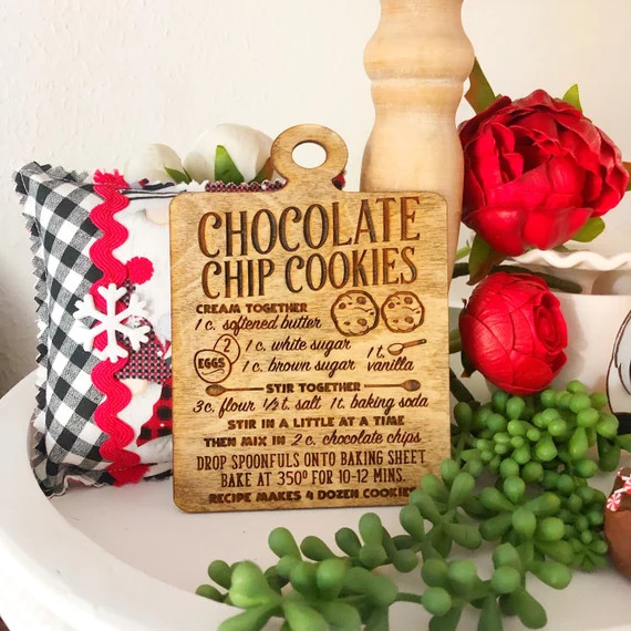Mini cutting board with a chocolate chip cookie recipe, tiered tray decor | Etsy (US)