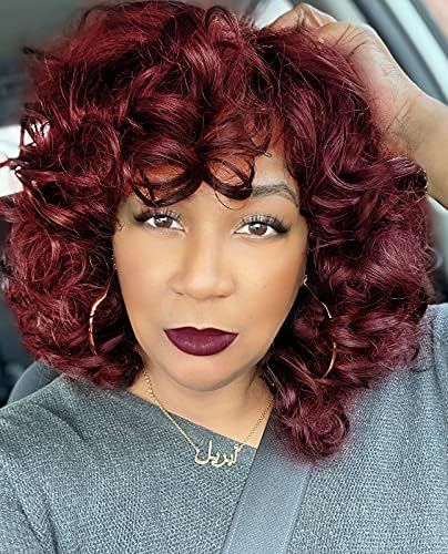 ELIM Short Curly Wigs for Black Women 14’’ Wine Red Afro Kinky Wigs with Bangs, Natural Cute ... | Amazon (US)