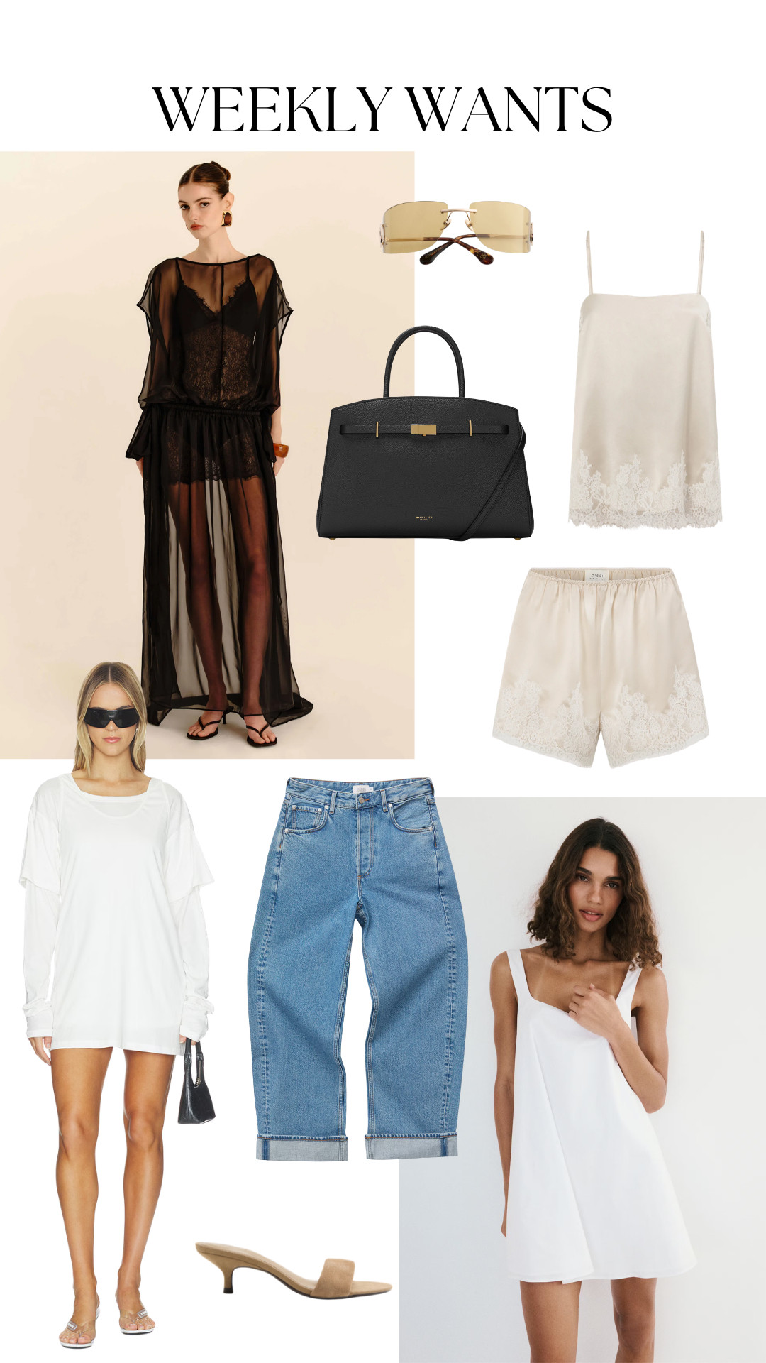 The Weekly Wants Edit 

sheer black dress, black cover up, sheer maxi, lace dress, white satin slip, lace trim camisole, satin shorts, white mini dress, oversized white tee, denim midi skirt, neutral mule heels, black top handle bag, gold rim sunglasses, chic summer style, elevated basics, minimalist fashion, capsule wardrobe, vacation outfits, resort wear, effortless style, feminine details, neutral outfit, black and white outfit, summer staples, trendy finds, mango new in  

 #LTKuk #LTKsummer #LTKjeans