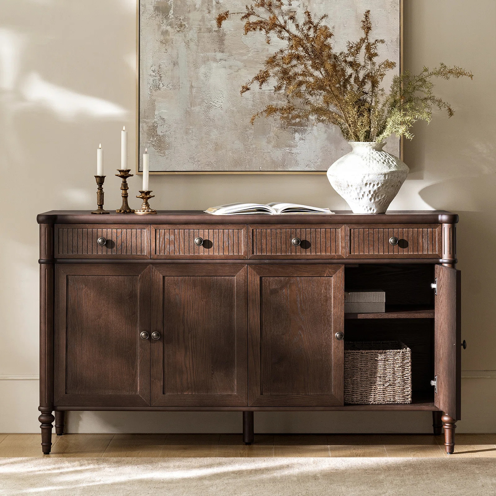 Martha Derk Transitional 58" W 4-Door 2-Drawer Fluted Sideboard with Adjustable Shelves and Cable... | Wayfair North America