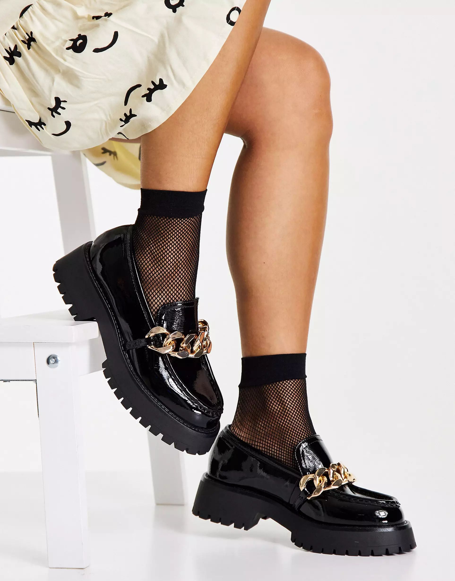 ASOS DESIGN Mai chunky chain loafers in black patent | ASOS (Global)