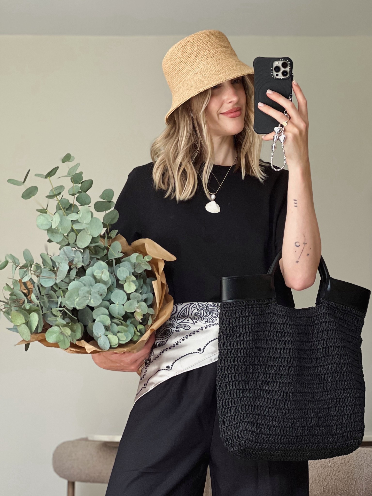 Summer outfit | straw hat | bucket hat | shell necklace | silk scarf | linen trousers | straw bag | summer bag | outdazl 

#LTKsummer #LTKuk