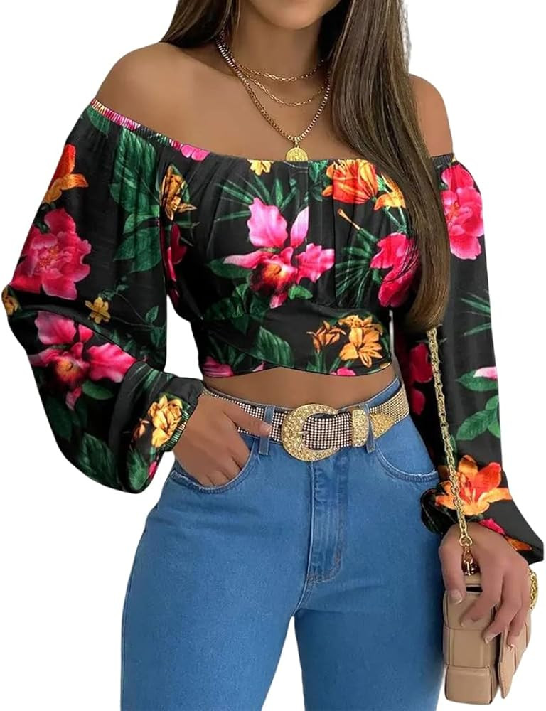 MIRACMODA Woman Off Shoulder Ruched Tie Back Crop Top Summer Lantern Sleeve Boho Shirt Blouse | Amazon (US)