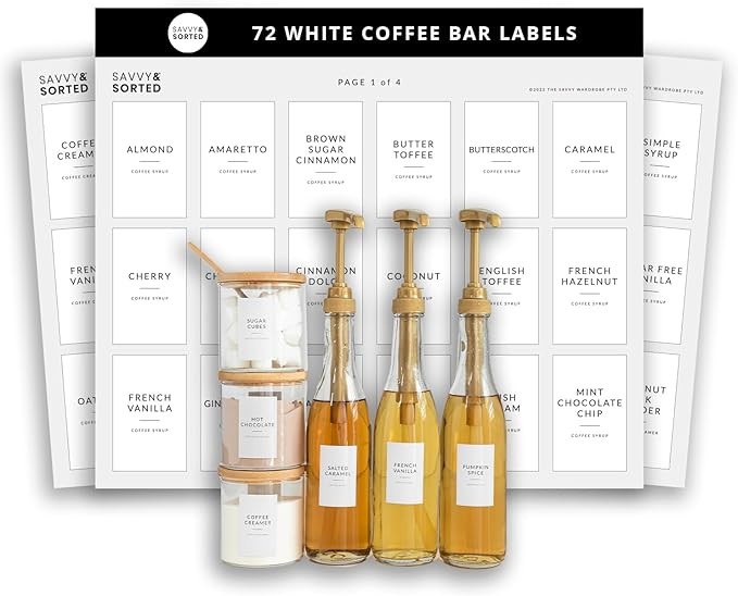 SAVVY & SORTED Coffee Bar Essentials Labels Stickers | 72 Coffee Syrup Labels Coffee Station Orga... | Amazon (US)