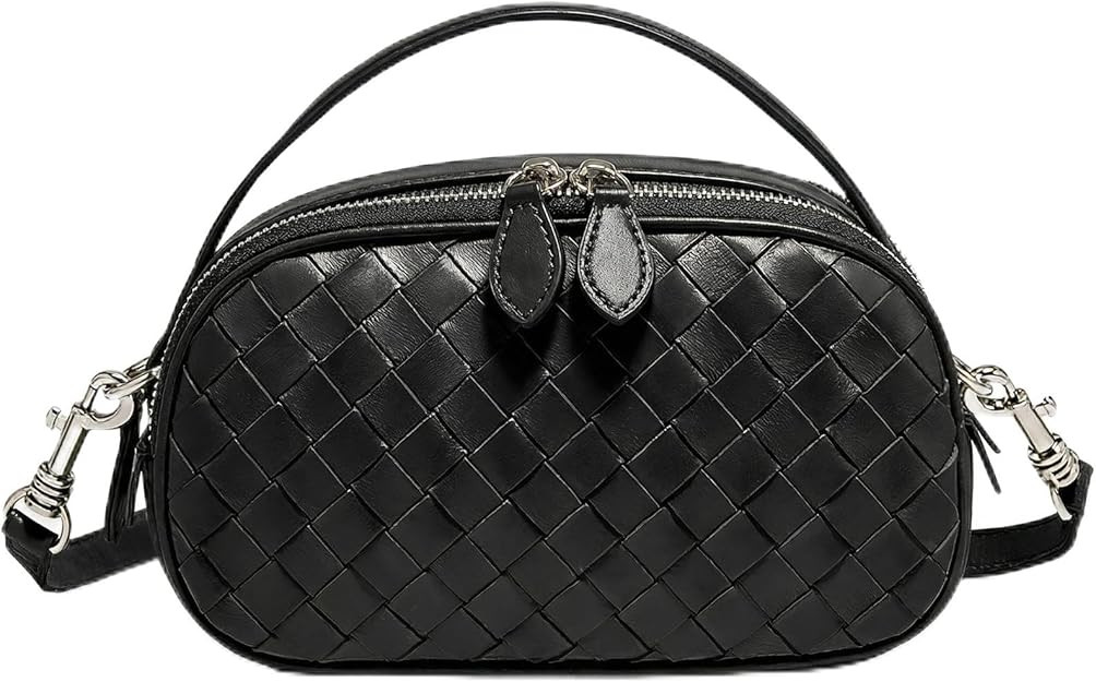 Woven Crossbody Bag for Women – Mini Structured Shoulder Purse, Dual-Zip Braided Leather-Feel H... | Amazon (US)