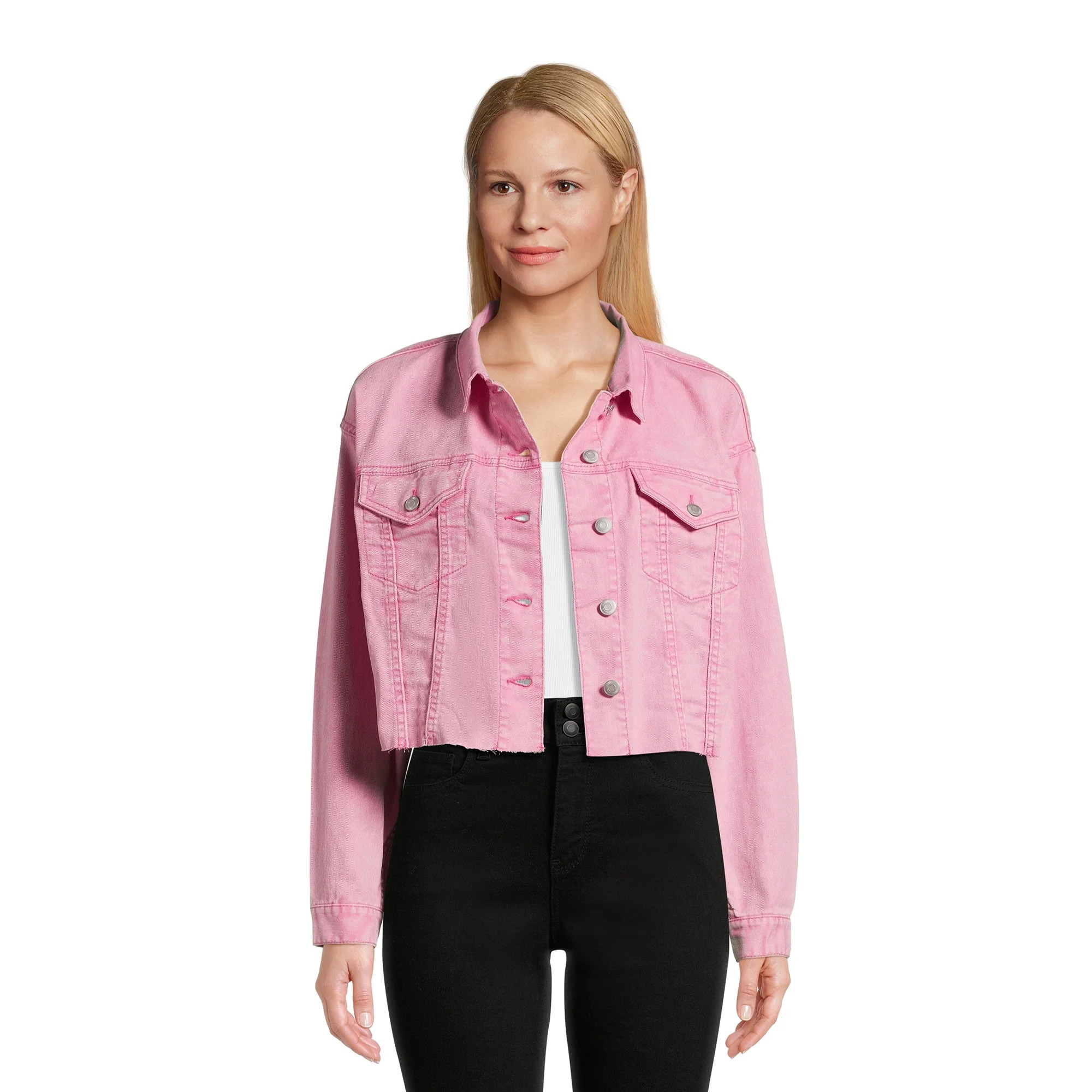 No Boundaries Juniors' Cropped Denim Jacket with Raw Edge Hem, Sizes XS-XXXL | Walmart (US)