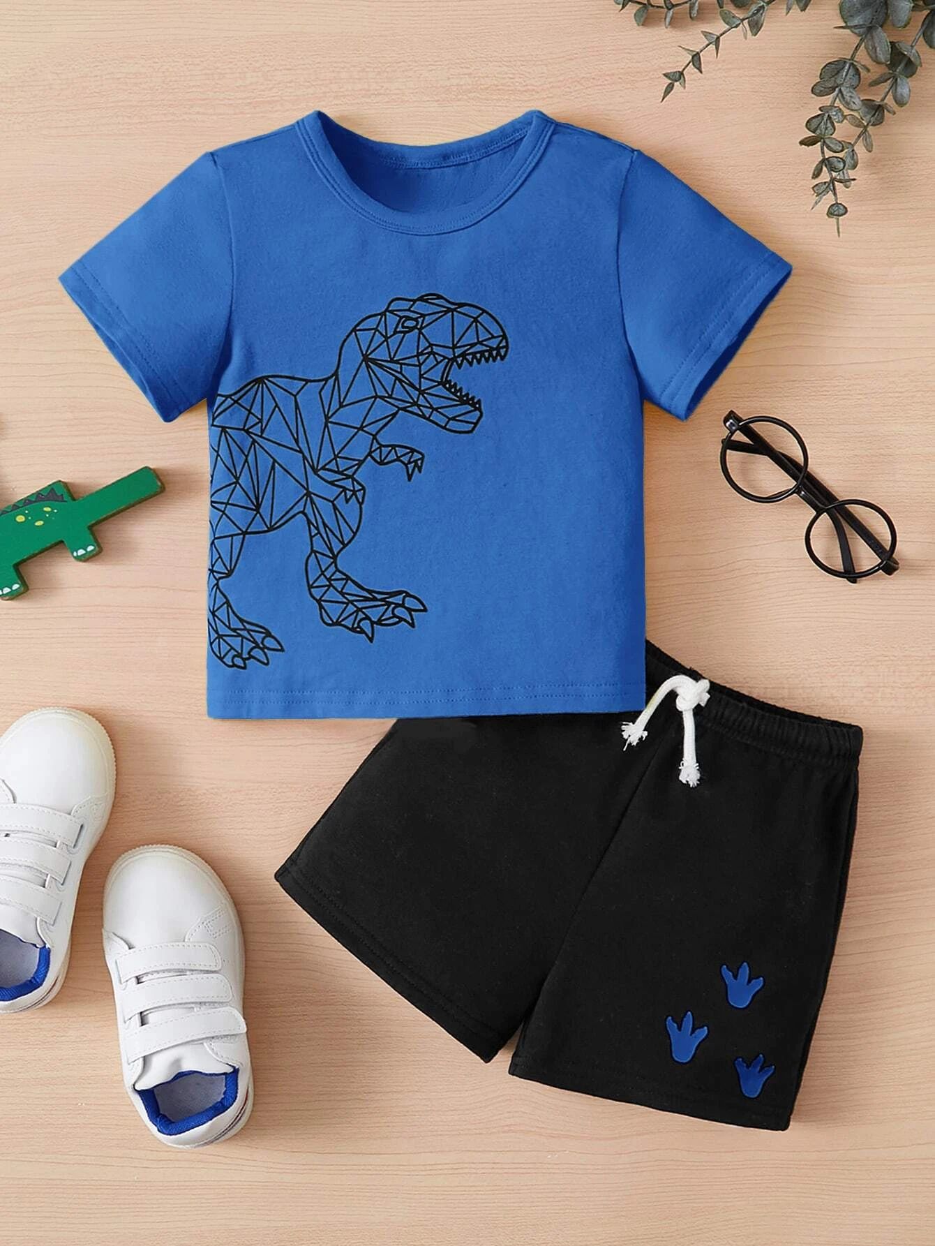 SHEIN Baby Boy Dinosaur Print Tee & Drawstring Waist Shorts | SHEIN