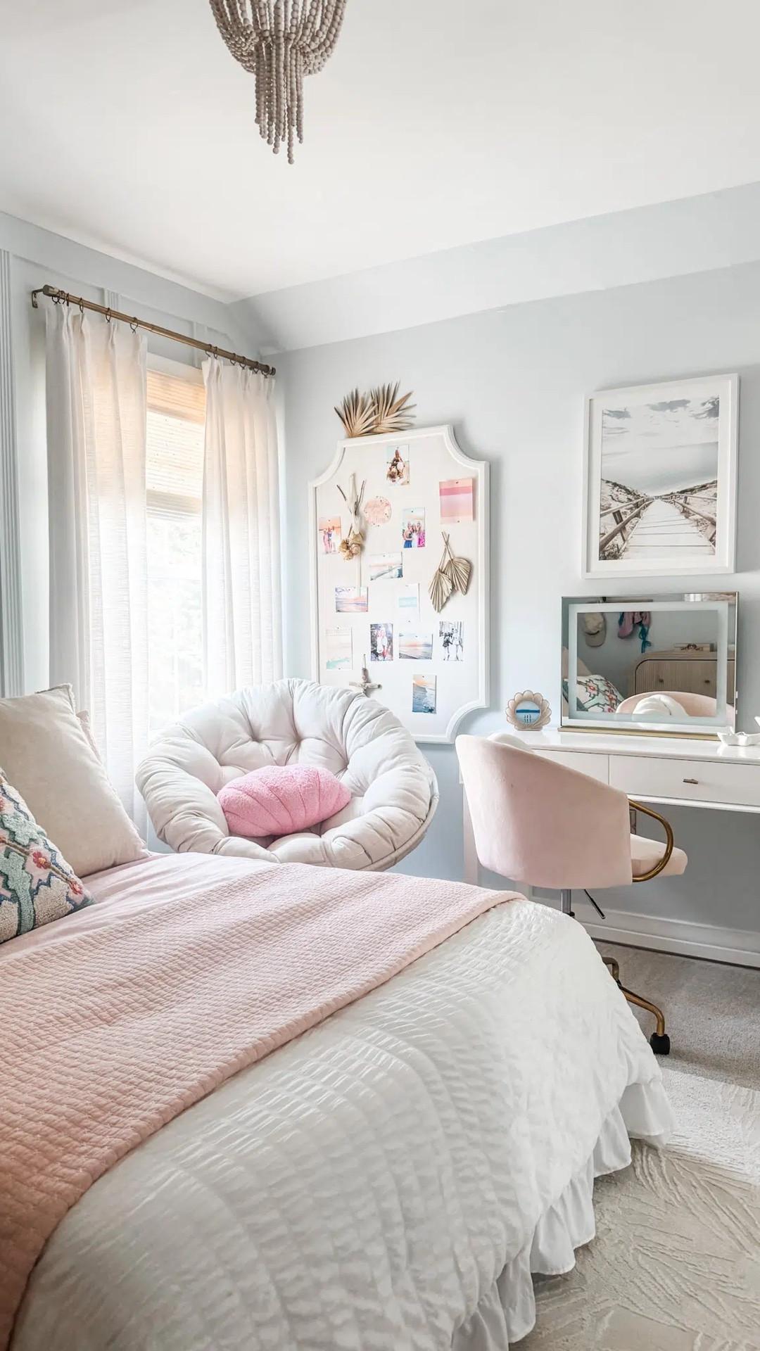 Coastal teen girl bedroom makeover 
Teen girl room decor
 Bedding
Pin board
Pinch pleat curtains
Wall decor
Blush and gold room decor
Coastal room aesthetic
Girl bedroom decor

#LTKHome #LTKKids #LTKmomlife