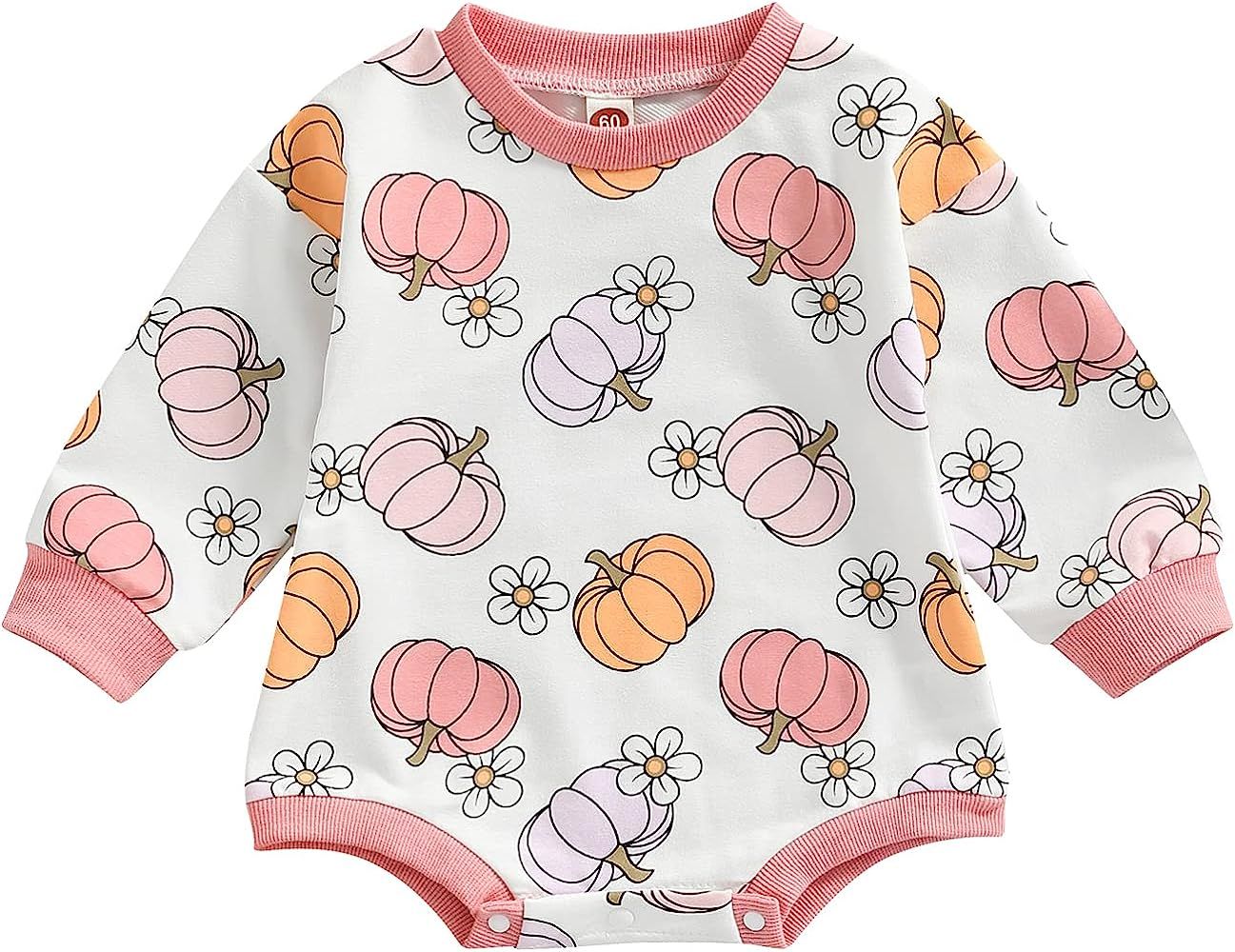 Newborn Baby Girl Boy Sweatshirt Romper Crewneck Oversized Long Sleeve Floral One Piece Outfits Fall | Amazon (US)