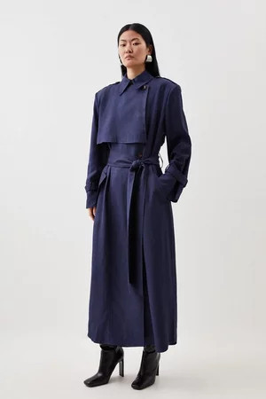 Premium Utility Linen Strong Shoulder Maxi Trench | Karen Millen US