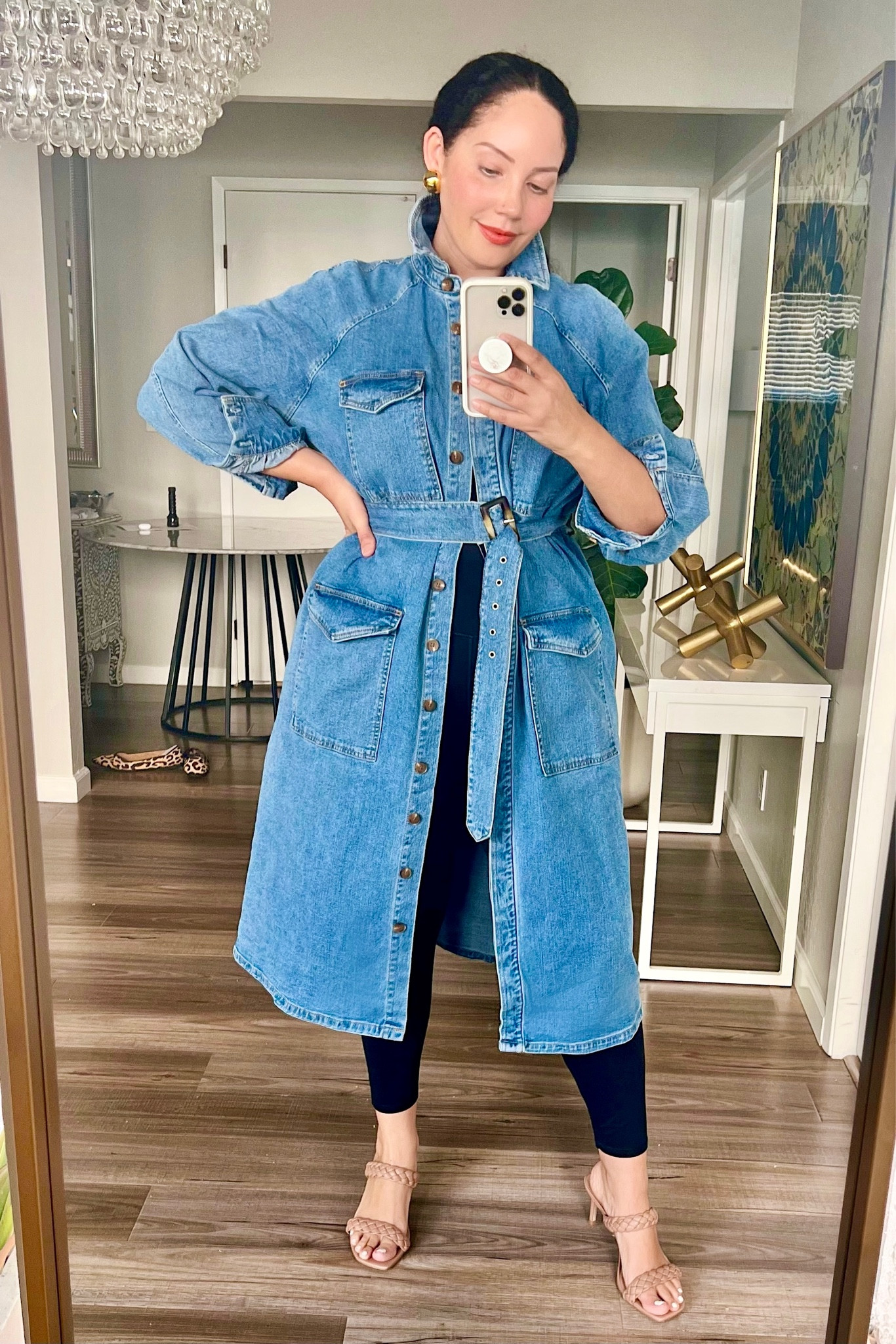 Denim trench coat jacket, legging, braided mule slide heeled sandal 

#LTKcurves #LTKSeasonal #LTKunder50