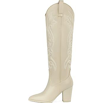 WIRALOMI Women Western Knee High Boots Embroidered Chunky Block Heel Cowboy Boots Pointed Toe Pul... | Amazon (US)