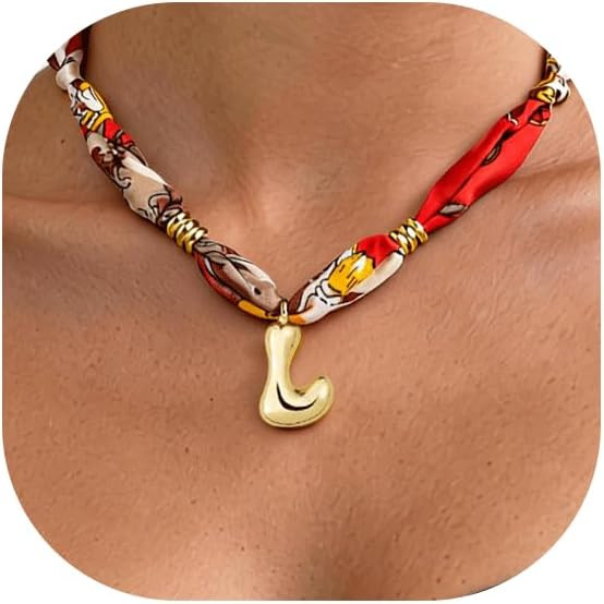 Initial Scarf Necklace for Women, Mom Everyday Bandana Necklace with Initial Charm, Gifts for Mom... | Amazon (US)