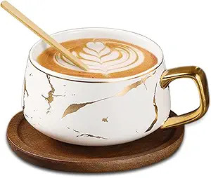 TILANY Tea Cup and Wooden Saucer Set - Luxury 10 Oz Ceramic Latte Mug with Golden Spoon & Coffee ... | Amazon (US)