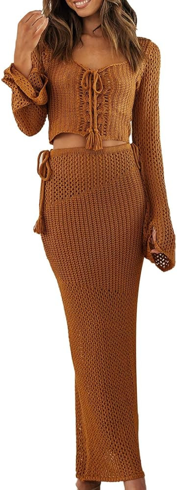 Yuemengxuan Women Two Piece Knitted Skirts Set Crochet Crop Top Tank Top Hollow out Shirt High Wa... | Amazon (US)