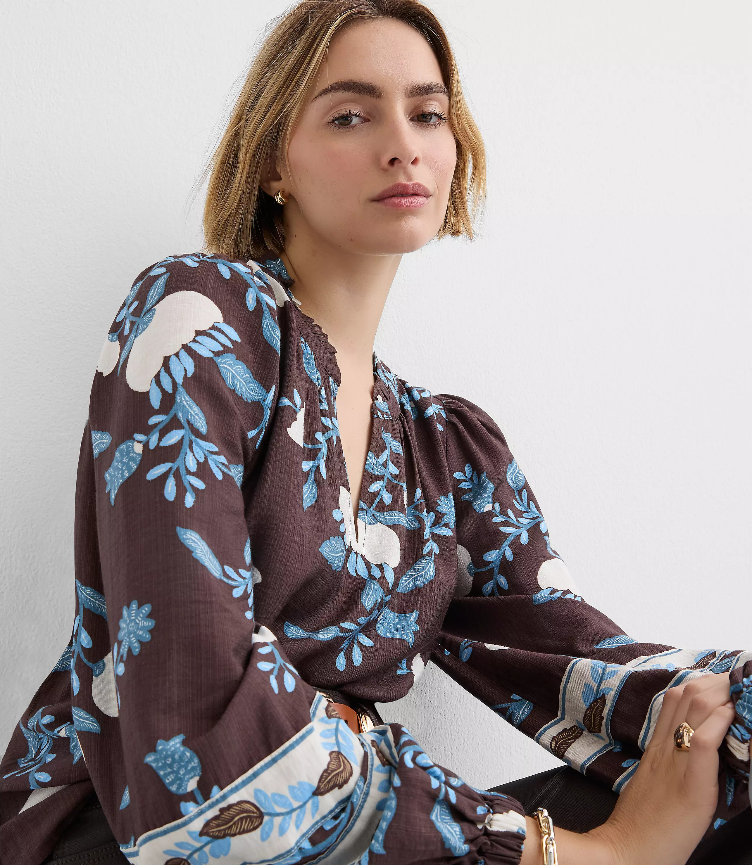 Garden Ruffle Split Neck Blouse | LOFT