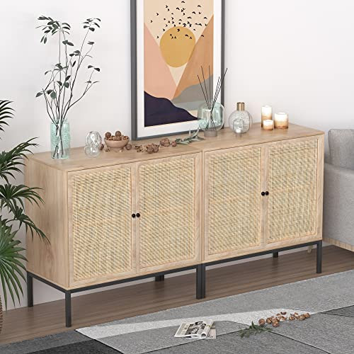 Rattan Cabinet, 63" W Large Sideboard Buffet Cabinet with Natural Rattan Hand-Woven Doors, Accent Buffet Console Storage Table Credenza, for Living Room Hallway Kitchen, Metal Legs, Natural-2 Pieces | Amazon (US)