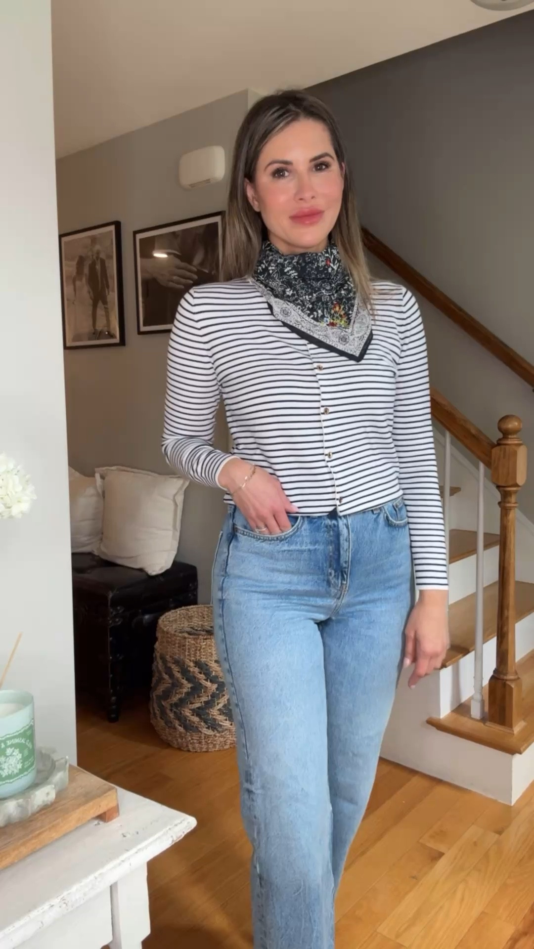Stripes and flowers for spring . YES please 

Floral neck scarf 
Striped Cardi 
High waist mom fit Zara denim 
Loafers 

#LTKootd #LTKgrwm #LTKOver40