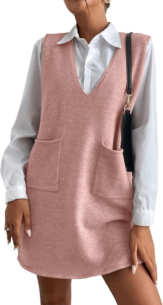 OYOANGLE Women's V Neck Sleeveless Knitted Solid Short Sweater Dress with Pockets | Amazon (US)