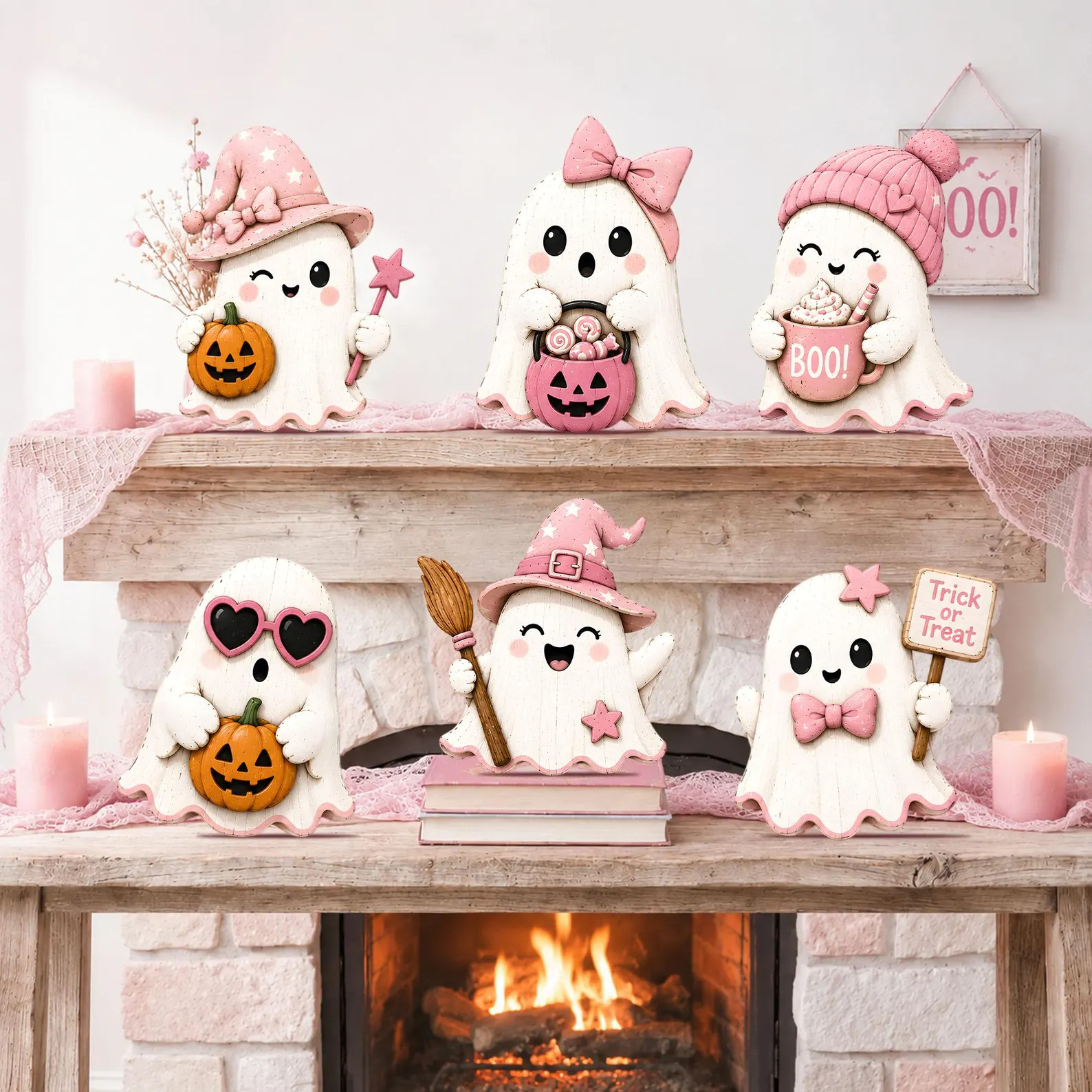 Pink Halloween Ghost Wooden Block Decor, Cute Ghost Shelf Sitter, Pastel Halloween Mantel Decor, ... | Etsy (Global)