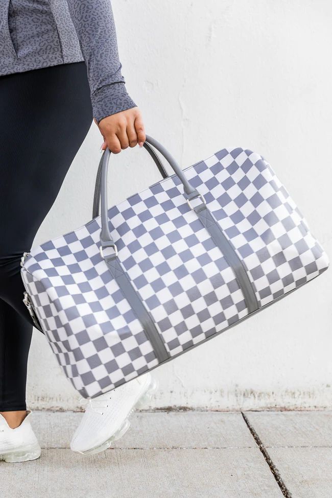 Boujee Weekend Away Grey And White Checkered Duffle Bag | Pink Lily
