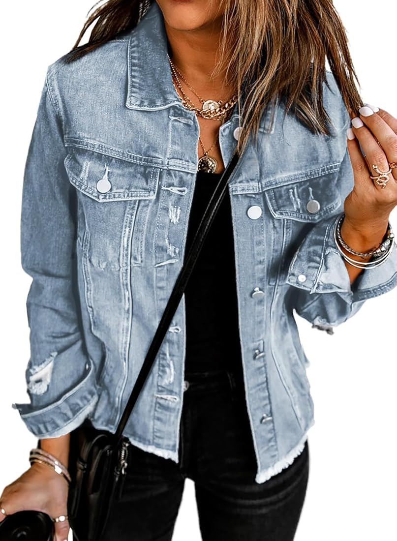 EVALESS Womens Boyfriend Washed Crop Denim Jean Jacket Coat | Amazon (US)