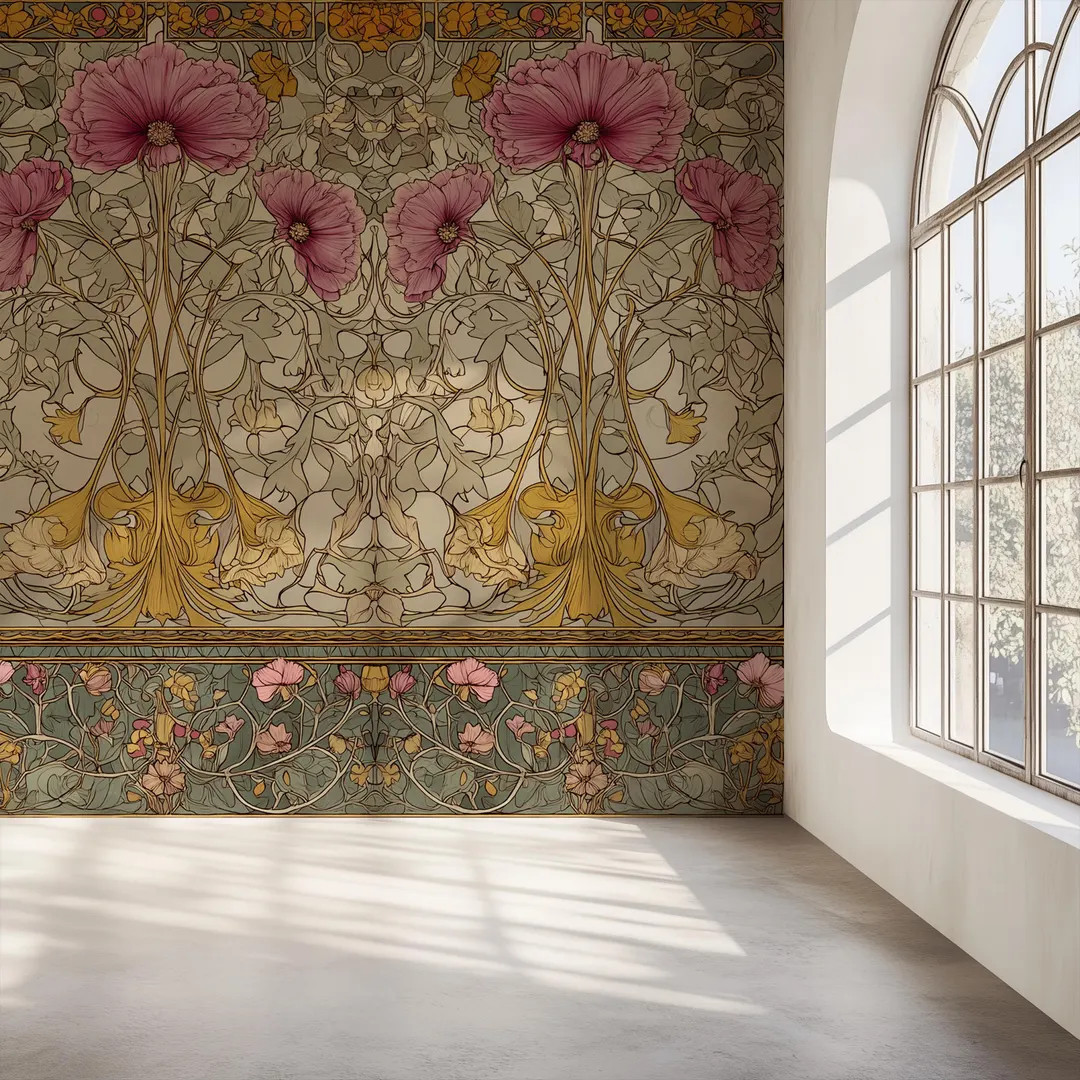 Art Deco Floral Wallpaper, Victorian Botanical Wall Mural, Teal and Pink, Custom Size, Made to Or... | Etsy (US)