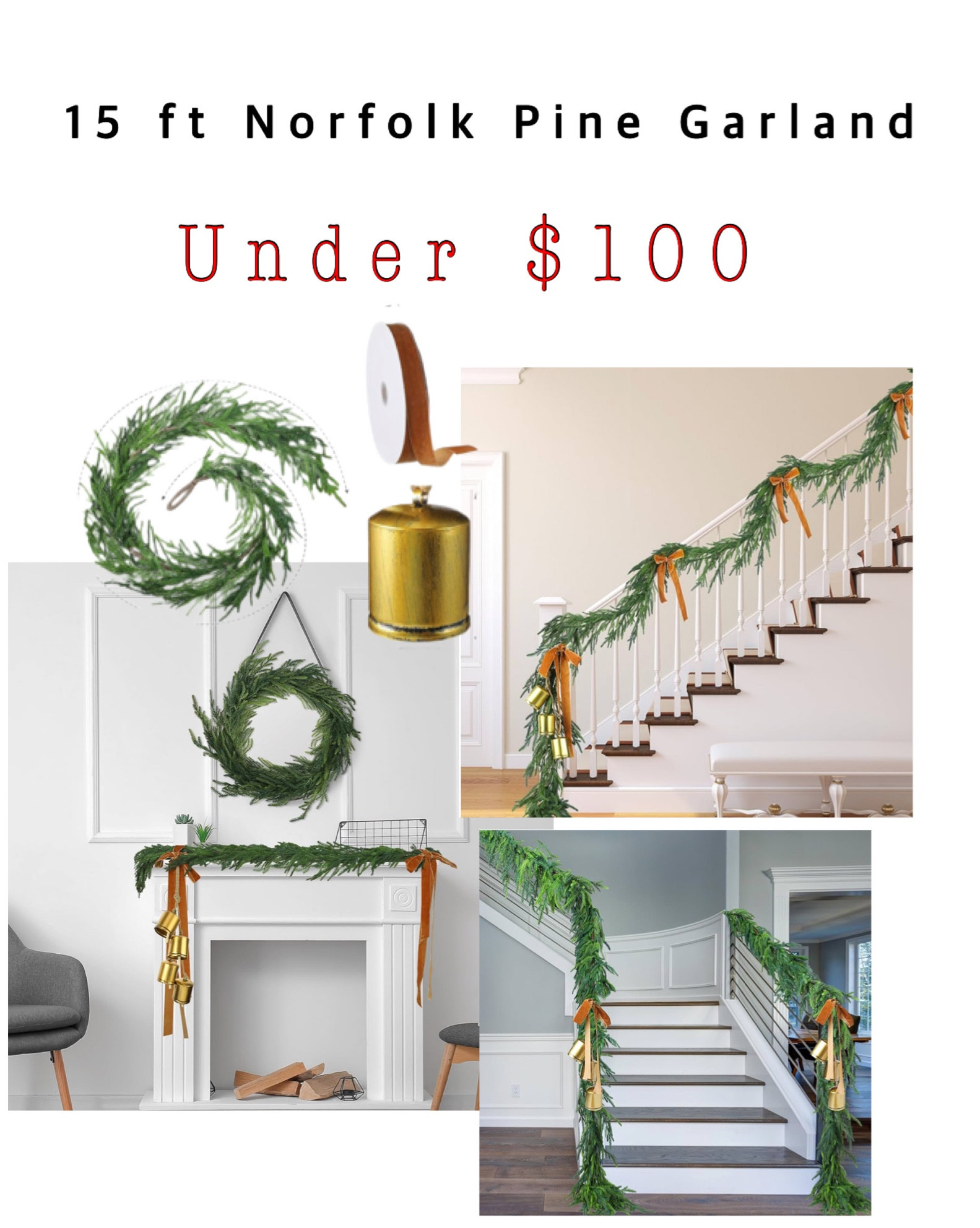 Norfolk garland under $100! 15 foot Norfolk garland. 5 foot Norfolk garland. 9 foot Norfolk garland. Christmas decor. Mantle decor. Christmas garland. Brass bells. Velvet ribbon. 

#LTKHolidaySale #LTKHoliday #LTKhome