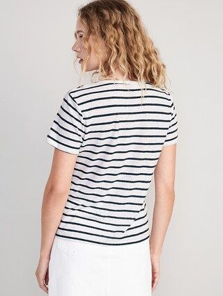 Striped Linen-Blend Cropped Henley for Women | Old Navy (US)