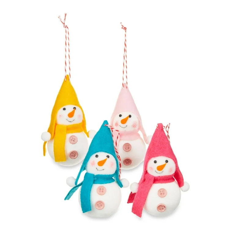Whimsy 4pk Bright Flocking Snowman Ornaments with Hat Christmas Ornament Set, by Holiday Time | Walmart (US)