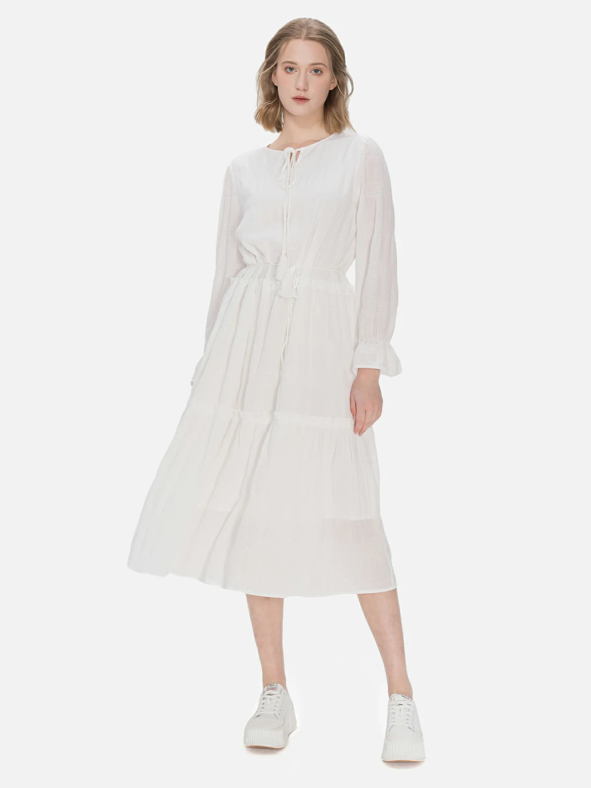 Tie Front Ruffle Plain Loose Dress | SDEER