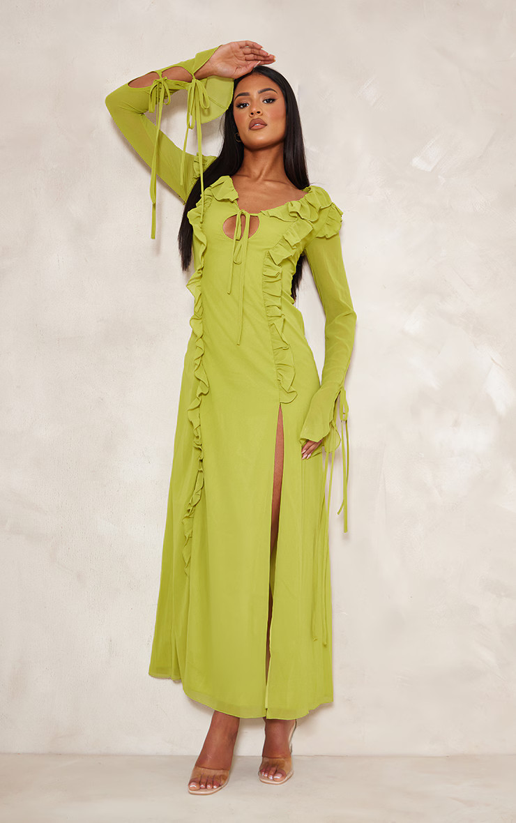 Tall Lime Long Sleeve Frilled Maxi Dress | PrettyLittleThing UK