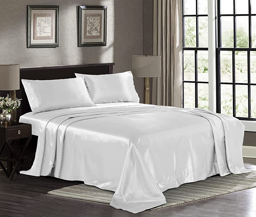 Satin Sheets Queen [4-Piece, White] Hotel Luxury Silky Bed Sheets - Extra Soft 1800 Microfiber Sh... | Amazon (US)