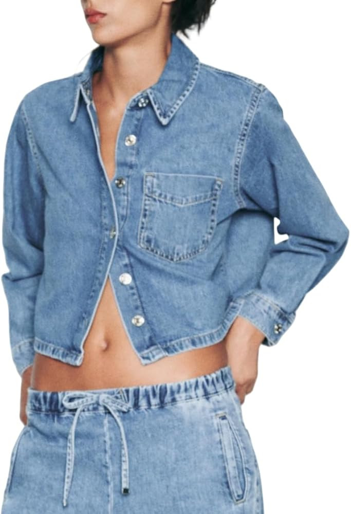 Women Crop Denim Jacket Shacket Long Sleeve Jean Shirt Lapel Collar Denim Shirt Blouse | Amazon (US)