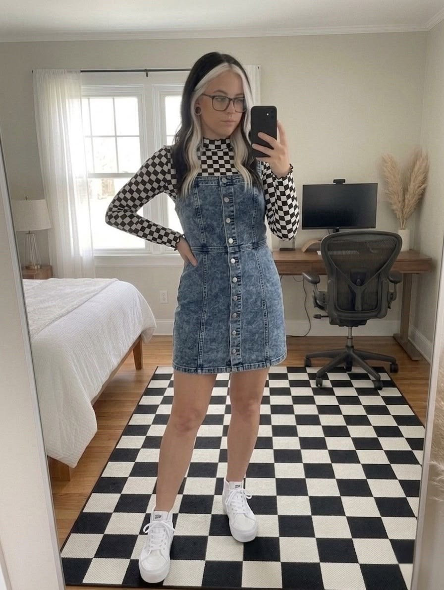 Obsessed with how this casual daily look came together. Styling an edgy checkered mock neck long sleeve top under a button-front denim overall dress. This acid wash denim pinafore dress is the perfect layering piece for any season. Finished the look with classic white platform sneakers for ultimate comfort. Everything featured in image.png is linked below, including some similar budget-friendly alternatives.

#LTKootd #LTKSeasonal #LTKMidsize