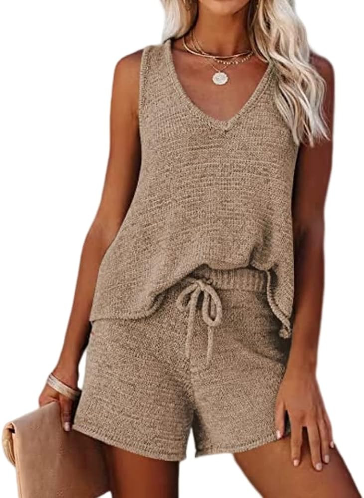 Ekouaer Womens 2024 Fashion Knit Pajama Set 2 Piece Outfits V-Neck Sleeveless Tank Top and Drawst... | Amazon (US)