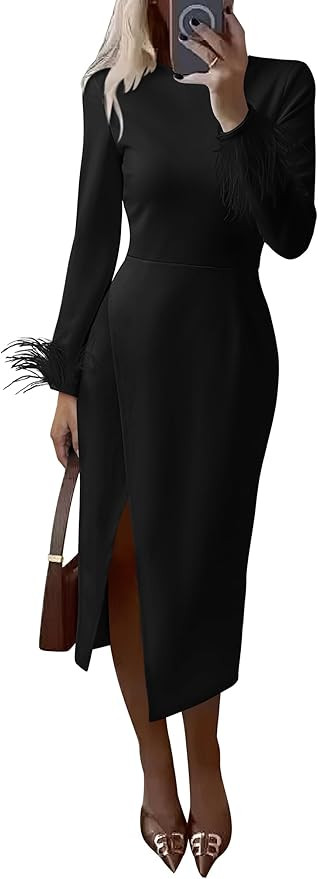 PRETTYGARDEN Women's 2023 Fall Long Sleeve Dress Formal Midi Bodycon Wrap Slit Feather Elegant We... | Amazon (US)