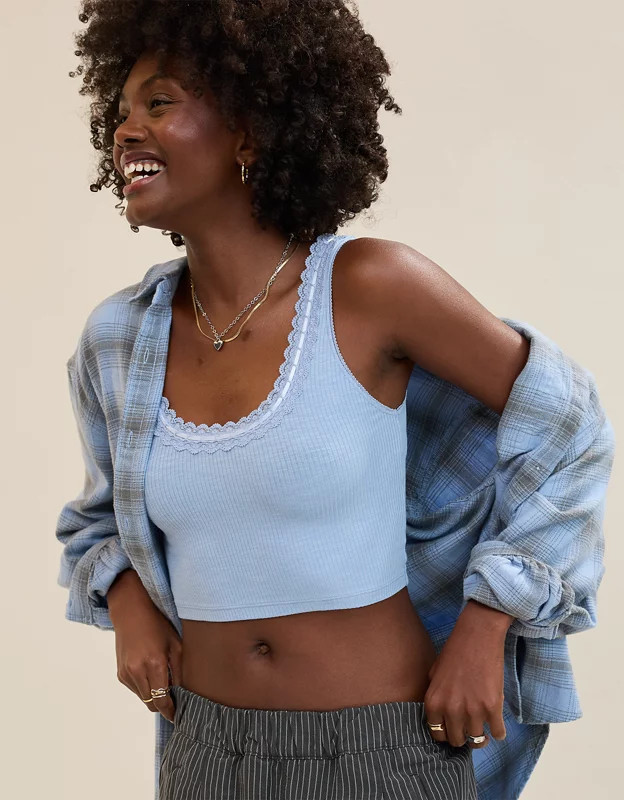 Superchill Cotton Rib Lace Tank Top | Aerie