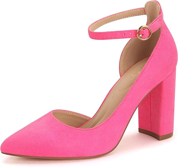 Women's Closed Toe Pumps 3-Inch Chunky Heels Pumps Ankle Strap Dress Wedding Shoes | Amazon (US)
