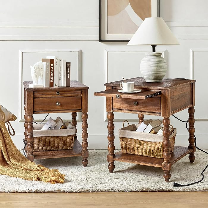 HULALA HOME Spindle Nightstands with Charging Station, Solid Wood Nightstand with Drawer Shelf, S... | Amazon (US)
