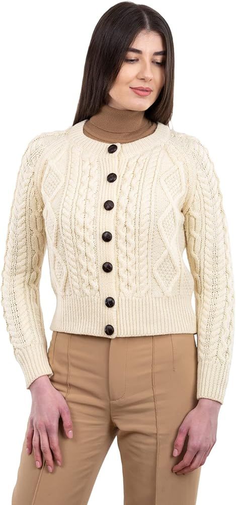 SAOL Irish Ladies Wool Cardigan Sweater Cable Knit Made in Ireland | Amazon (US)