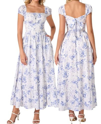 XinFSh Women's Summer Square Neck Lace Corset Wedding Guest Maxi Dress Floral Flowy Bow Tie Tea Party Dresses with Pocktes Bluefloral | Amazon (US)